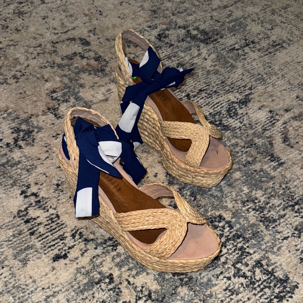 Women's Espadrille Wedge Sandals with Navy Ribbon